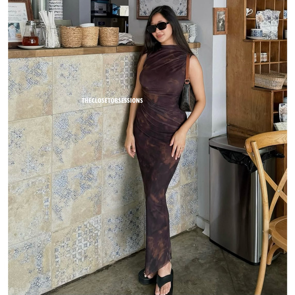 ZARA Fitted High Collar Draped Midi Dress NWT | Brown Bodycon - Picture 12 of 16